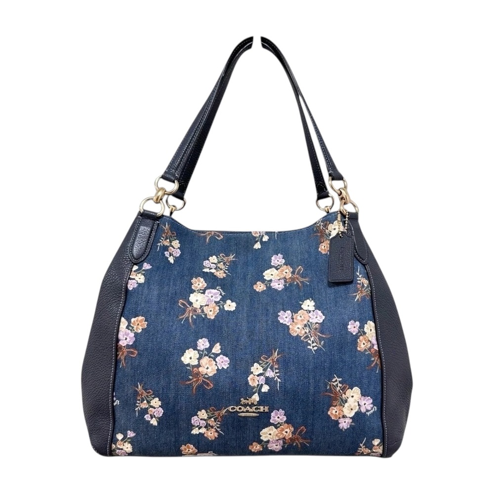 Coach Hallie‎ Shoulder Bag Denim Floral Bouquet Print Navy Leather 91047